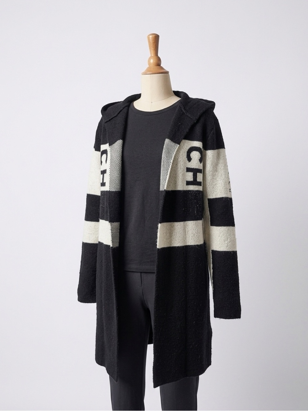Frank Lyman Black & Cream Hooded Longline Cardigan – Medium